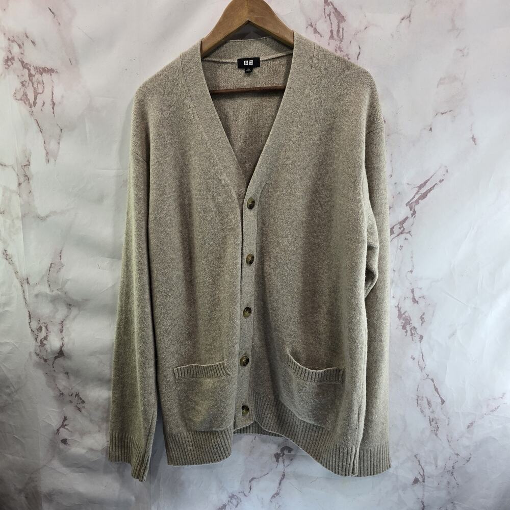 Uniqlo Cardigan Mens XL Beige Wool Thick Dad Grandpa Academic Cosby Core